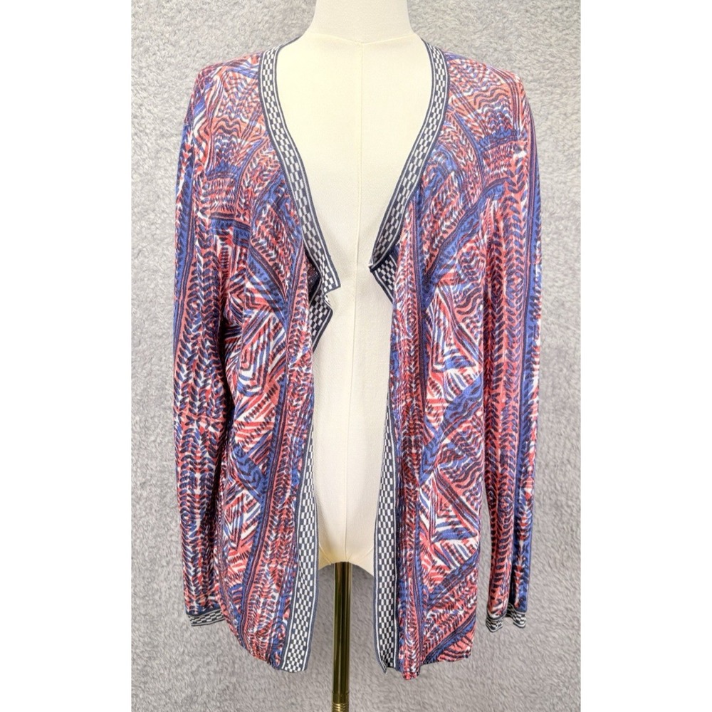 Nic+Zoe Womens XL Linen Blend Cardigan Chevron Lace Trim Open Front Boho